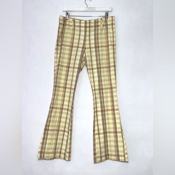 Free‎ People The Way You Move Plaid Retro Flare Pants Cotton Linen Blend Size 12 - Picture 2 of 15